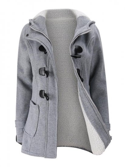 Women Horn Buttons Long Sleeve Hooded Thicken Coat - Click Image to Close