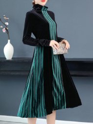 Velvet Contrast Color Patchwork Stripe Long Sleeve Vintage Dress