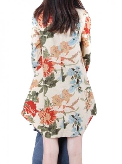 Vintage Floral Printed V Neck Asymmetry Hem Long Sleeve Loose Women Dress - Click Image to Close