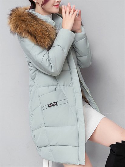 Solid Color Hooded Fur Collar Thicken Warm Long Coat - Click Image to Close