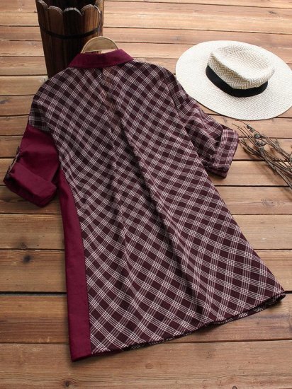 Plaid Print Patchwork Long Sleeve Lapel Casual Shirts - Click Image to Close