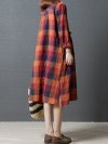 Vintage Women Plaid Drawstring Long Sleeve Shirt Dresses