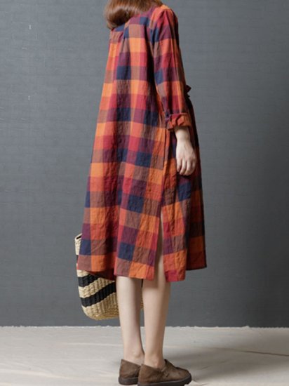 Vintage Women Plaid Drawstring Long Sleeve Shirt Dresses - Click Image to Close