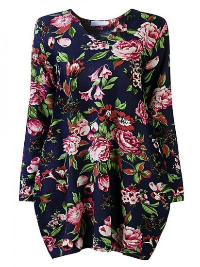 Vintage Floral Printed V Neck Asymmetry Hem Long Sleeve Loose Women Dress - Click Image to Close