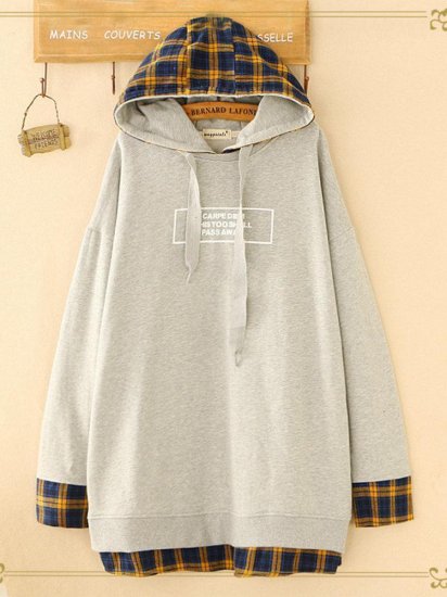 Letter Plaid Print Patchwork Hooded Casual Hoodies - Click Image to Close