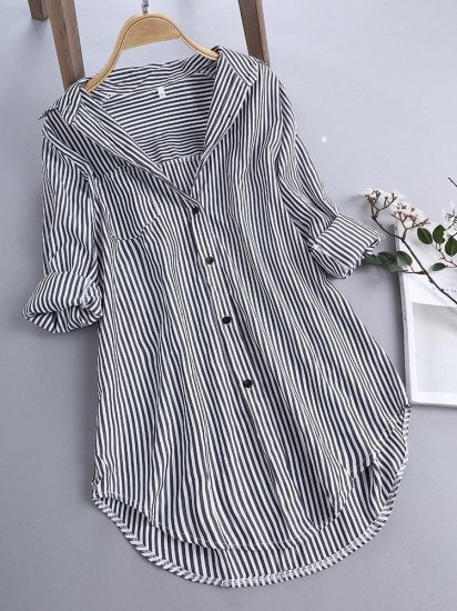 Stripe Long Sleeve Turn-down Collar Loose Shirts - Click Image to Close