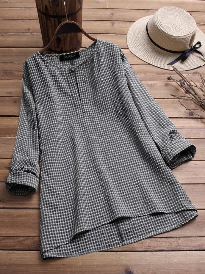 Long Sleeve Loose Plaid Print Irregular Casual Blouse - Click Image to Close