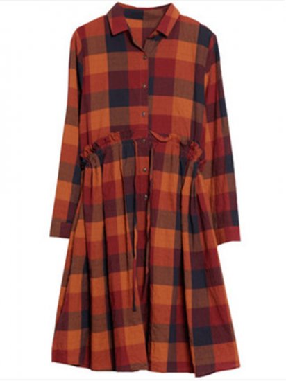 Vintage Women Plaid Drawstring Long Sleeve Shirt Dresses - Click Image to Close