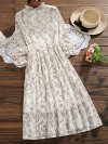 Bandage Floral Print Pleated Long Sleeve Vintage Dresses