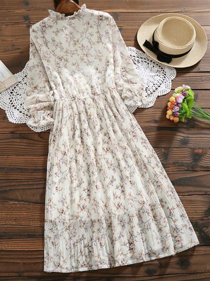 Bandage Floral Print Pleated Long Sleeve Vintage Dresses - Click Image to Close