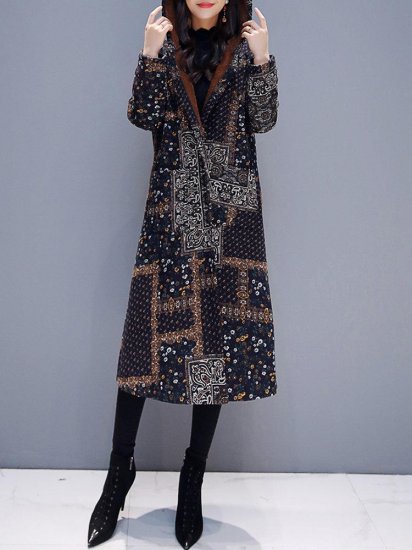 Hooded Floral Ethnic Print Long Sleeve Vintage Coat - Click Image to Close