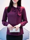 Elegant Solid Color Bow Collar Long Sleeve Blouses