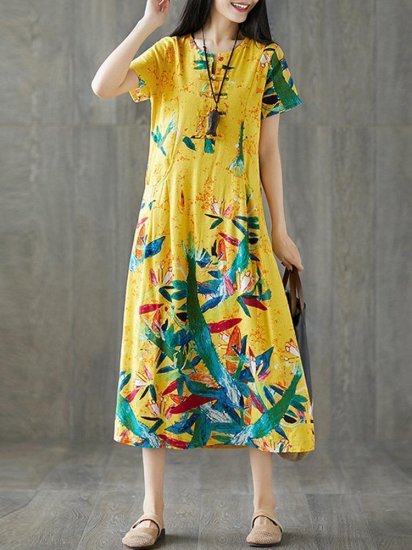 Frog Button Print Short Sleeve O-neck Vintage Dresses - Click Image to Close