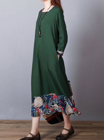 Print Patchwork Long Sleeve Loose Vintage Dresses - Click Image to Close