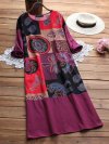 Folk Style Print Patchwork Long Sleeve Vintage Midi Dresses