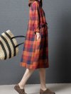 Vintage Women Plaid Drawstring Long Sleeve Shirt Dresses