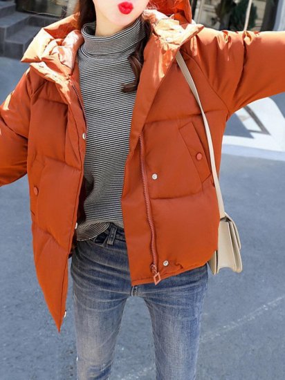 Short Solid Color Hooded Quilted Coat - Click Image to Close