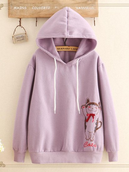 Cat Embroidered Hooded Casual Long Sleeve Sweatshirt - Click Image to Close