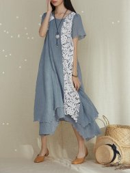 Lace Patchwork Layered Asymmetrical Short Sleeve Vintage Dresses