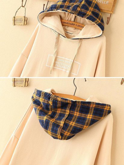 Letter Plaid Print Patchwork Hooded Casual Hoodies - Click Image to Close