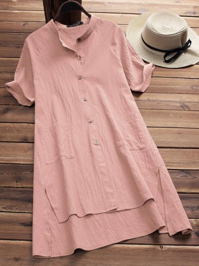 Vintage Pure Color Irregular Hem Short Sleeve Women Blouses - Click Image to Close