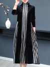 Velvet Contrast Color Patchwork Stripe Long Sleeve Vintage Dress