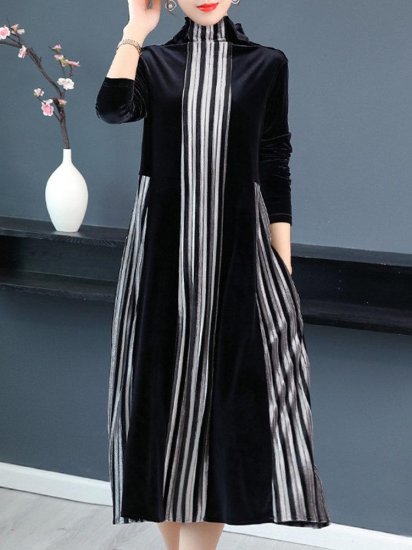 Velvet Contrast Color Patchwork Stripe Long Sleeve Vintage Dress - Click Image to Close