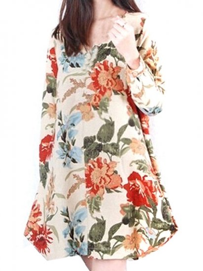 Vintage Floral Printed V Neck Asymmetry Hem Long Sleeve Loose Women Dress - Click Image to Close