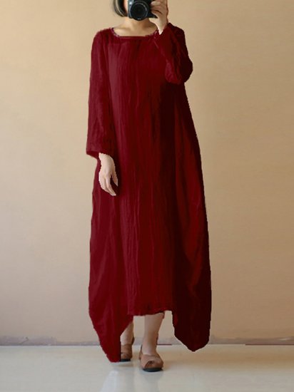 Vintage Asymmetrical Pure Color Long Sleeve Maxi Dresses - Click Image to Close