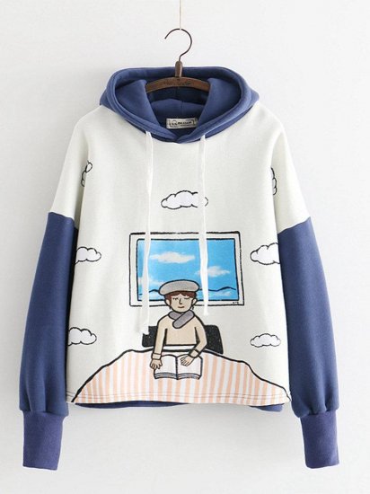 Women Casual Patchwork Cartoon Print Long Sleeve Pullover Hoodie - Click Image to Close