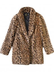 Sexy Leopard Print Lapel Faux Fur Long Sleeve Medium Long Coat