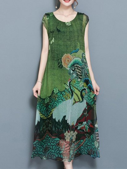 Women Vintage Printed Short Sleeve Mid-Long Dresses - Click Image to Close