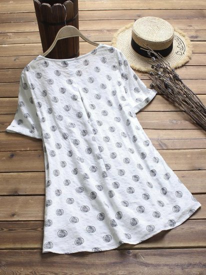 Polka Dot Print Pleated Short Sleeve O-neck Vintage Blouses - Click Image to Close