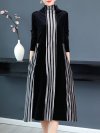 Velvet Contrast Color Patchwork Stripe Long Sleeve Vintage Dress