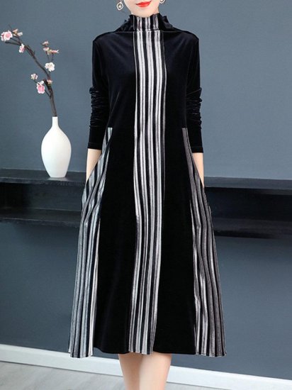 Velvet Contrast Color Patchwork Stripe Long Sleeve Vintage Dress - Click Image to Close