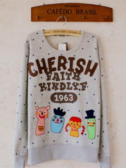 Women Cute Cartoon Print Polka Dot Embroidery Loose Sweatshirt - Click Image to Close