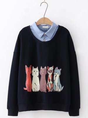 Cute Cat Print Fake Two Turn Down Collar Long Sleeve Inner Fleece Sweatshirt