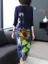 Floral Leaves Print Patchwork Splited 3/4 Sleeve Elegant Dresses