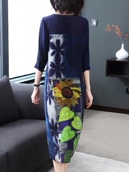 Floral Leaves Print Patchwork Splited 3/4 Sleeve Elegant Dresses - Click Image to Close