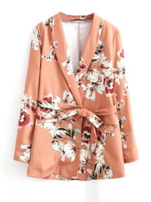 Vintage Floral Print Tie Waist Lapel Long Sleeve Women Jackets