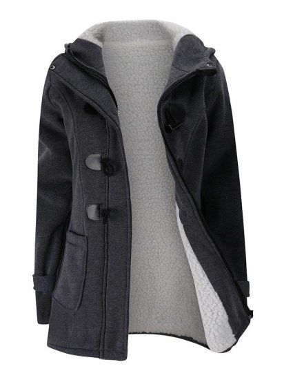 Women Horn Buttons Long Sleeve Hooded Thicken Coat - Click Image to Close