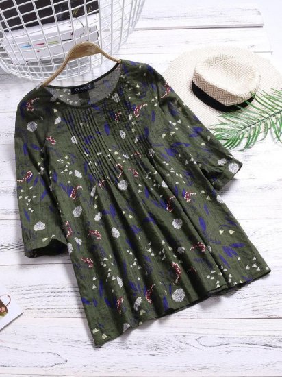 Women Floral Printed 3/4 Sleeve Vintage Blouses - Click Image to Close