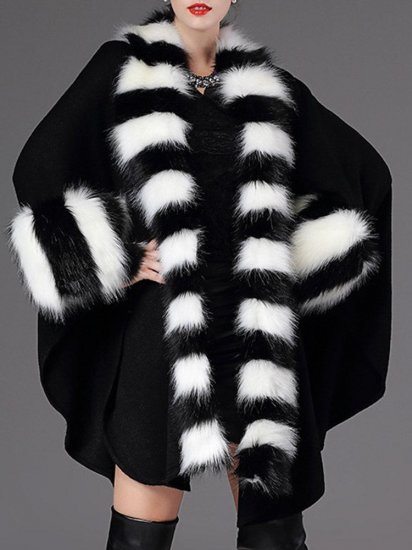 Casual Loose Striped Bats Sleeve Women Faux Fur Coats - Click Image to Close