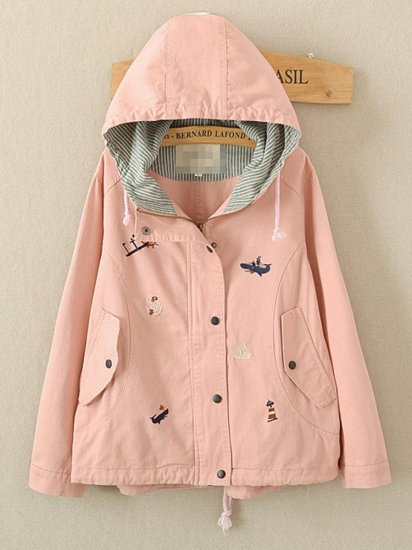 Hooded Cartoon Embroidered Long Sleeve Casual Coat - Click Image to Close