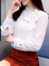 Elegant Solid Color Bow Collar Long Sleeve Blouses