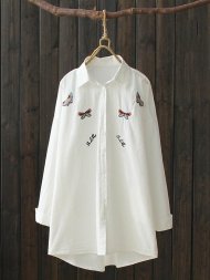 Butterfly Embroidered Long Sleeve Shirt For Women