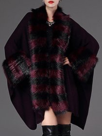 Casual Loose Striped Bats Sleeve Women Faux Fur Coats