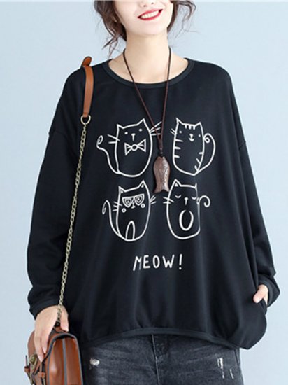 Women Cats Printed Long Sleeve Casual Sweatshirts - Click Image to Close