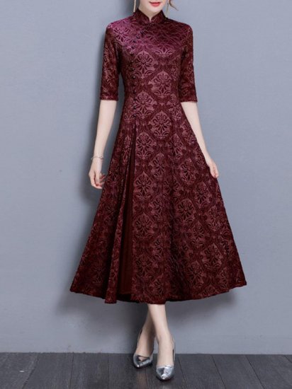 Women Lace Half Sleeve Stand Collar Chinese Style Dresses - Click Image to Close