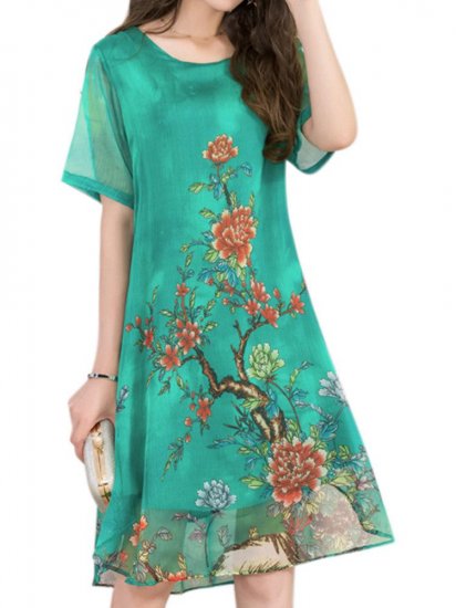 Vintage Printed O-neck Two Layers Chiffon Dresses - Click Image to Close